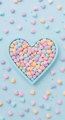 Heart Shaped Bowl Filled With Pastel Heart Candies On Blue Background candy sweet