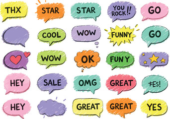 Colorful comic speech bubbles, doodle text messages, hand-drawn chat icons, cartoon words set, pop art expressions, fun quote balloons, sketch style communication design