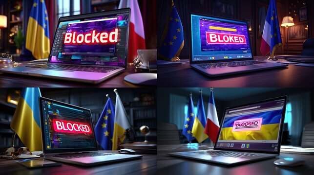 Laptops show "Blocked" near Ukraine & France flags on desk, indicating access denial