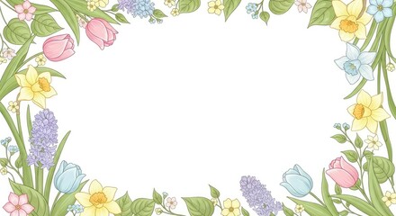 Spring Floral Frame Border with Hand-Drawn Tulips, Daffodils, Hyacinths, and Small Blooms on White Background