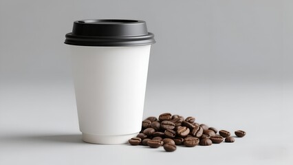 Mockup Minimalist Coffee Cup with Coffee Beans on White Background