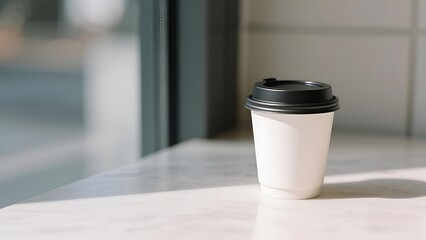 Blank Coffee Cup on Table in Modern Caf&eacute; with Natural Light