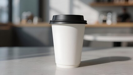 Blank Coffee Cup on Table in Modern Caf&eacute; with Natural Light