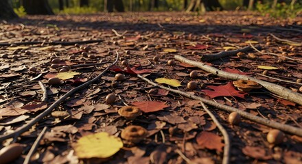Obraz premium Close up low angle view of a forest floor in autumn.