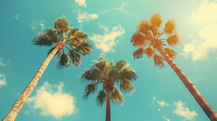 Three palm trees reaching towards a bright blue sky with scattered clouds and warm sunlight glow