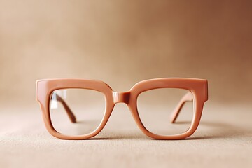 A pair of oversized eyeglasses with bold frames, placed on a neutral tan background with soft natural lighting