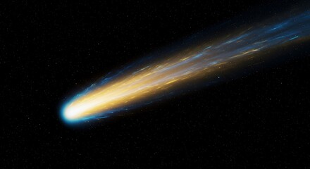 Comet streaking across a dark space background, with a bright head and a long, glowing tail.