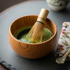 Traditional Japanese matcha tea preparation using a bamboo whisk in a wooden bowl