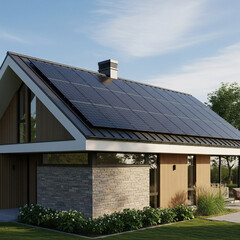 Modern home with solar panels on the roof, sustainable energy for a green future