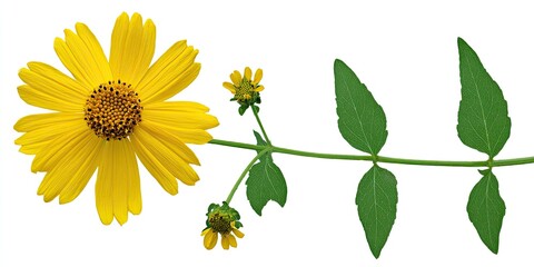 Bright yellow flower with a stem and leaves