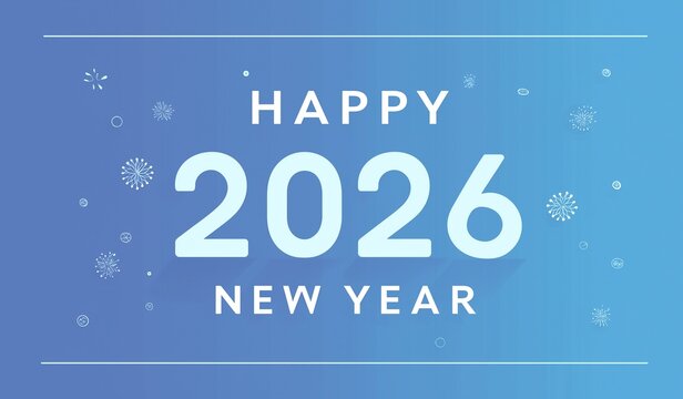 Flat design vector illustration with "Happy New Year" in white and "2026" in blue on gradient blue background featuring snowflakes, ideal for celebration cards or social media banners