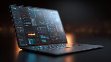 Futuristic laptop displaying open-source AI code repository interface with programming scripts, showcasing collaborative software development and innovation in artificial intelligence.