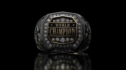 Beautiful photo of universal symbol for world championship rings, featuring the legible "WORLD CHAMPION" text in gold and diamonds, prominently displayed on top of an intricately.