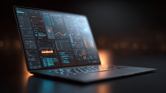 Futuristic laptop displaying open-source AI code repository interface with programming scripts, showcasing collaborative software development and innovation in artificial intelligence.