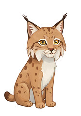 Obraz premium Cute Cartoon Lynx Sitting with Spotted Fur and Yellow Eyes png clear alpha channel cutout isolated on transparent background