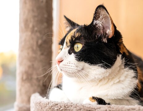 Calico cat lounging by the window, enjoying sunlight