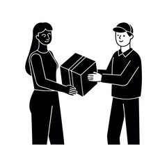 Delivery service illustration showing delivery man handing a package to woman