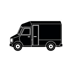 Simple minimalist black and white illustration of a box delivery vehicle, flat design