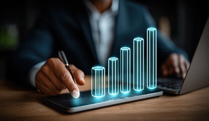 Businessperson interacts with glowing bar graph on tablet