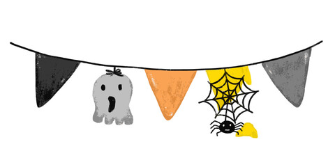 Cute hand drawn spooky halloween garland bunting flag in pastel color kids watercolor triangle bunting flag with spider skeleton. Orange yellow purple colorful pastel bright color