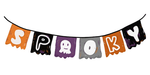 Cute hand drawn spooky text word quotes halloween garland bunting flag in pastel color kids watercolor triangle bunting flag with spider skeleton. Orange yellow purple colorful pastel bright color