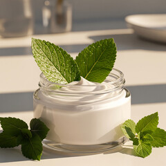 Refreshing mint-infused natural skincare cream in a pristine jar, highlighting organic beauty and wellness for healthy skin