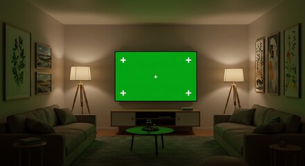 Stylish home theater in a modern living room at night, featuring a large television with a blank green screen for custom content