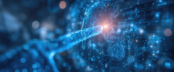 Abstract digital image of a glowing, translucent hand-like structure interacting with a complex, interconnected global network