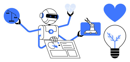 Humanoid robot with multiple arms holding scales of justice, lightbulb, automation robot, heart, and blueprints. Ideal for technology, ethics, future, AI robotics innovation simple landing page