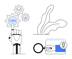 Robotic hand pressing CRM gear icon, abstract leaf design, magnifying glass tracing in browser. Ideal for automation, CRM, innovation, tech, sustainability research search optimization. Simple flat