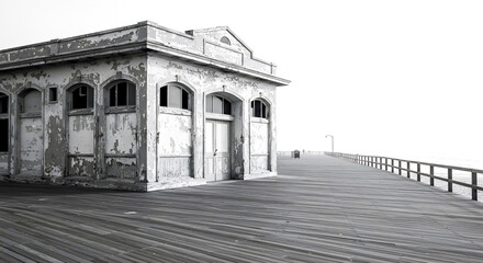 A melancholy black and white photograph of an old, derelict building on a weathered wooden pier disappearing into the white fog