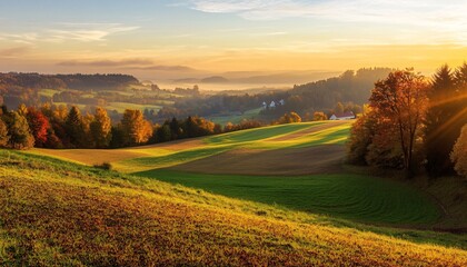 The image shows a picturesque autumn landscape at sunrise, featuring rolling hills with fields, forests showcasing vibrant fall foliage, and a few houses in the distance.