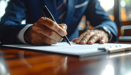 Contract Signing: An authoritative figure, sharply dressed in a tailored suit, meticulously pens his signature onto a contract, illuminating a moment of legal commitment.
