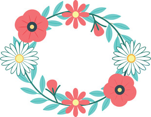 Botanical oval wreath with wild flowers. Elegant wild flower circle artwork. Garden flower wreath illustration for design. Meadow flower wreath artwork for craft projects. Blooming floral oval frame