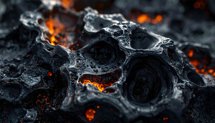 Molten Lava and Ash: A mesmerizing closeup reveals the intense heat of molten lava, its fiery core contrasted by the rough, ashy textures of the surrounding volcanic rock.
