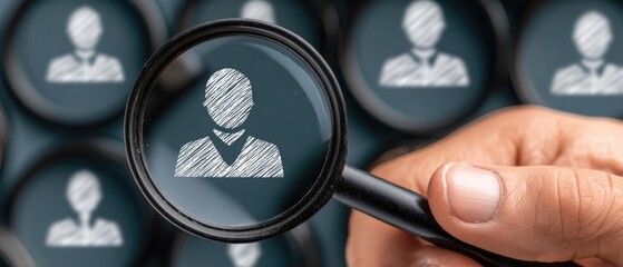 A magnifying glass focuses on a person icon, surrounded by many more, on a dark background