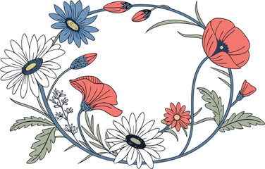 Wild flower wreath illustration design. Blooming floral oval frame artwork. Nature inspired wild flower wreath art. Daisy and poppy flower wreath illustration. Colorful wild bloom floral frame design