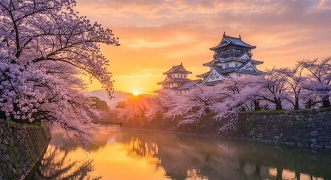 Japanese Cherry Blossoms and Castle Sunrise.