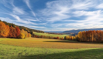Obraz premium The image shows a scenic autumn landscape with rolling hills, fields of golden and green hues, and forests showcasing vibrant fall foliage under a bright blue sky with thin clouds.