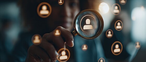 A hand holding a magnifying glass focused on a person icon, surrounded by other person icons