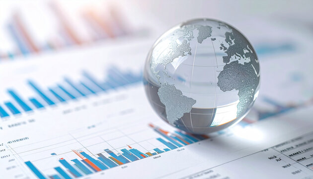 Global Data Analysis: A clear glass globe rests on a collection of vibrant charts and graphs, symbolizing global financial insights.