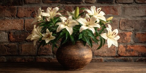 Cream lilies in rustic vase