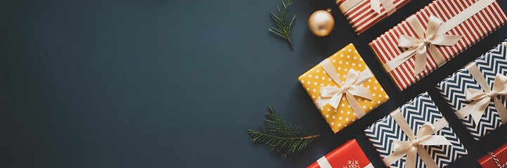 Fototapeta premium Christmas gifts arranged on dark background
