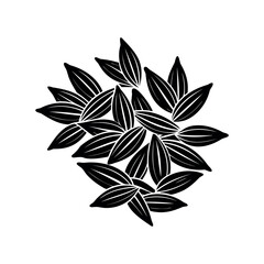 Graphic floral arrangement of stylized black leaves on a white background
