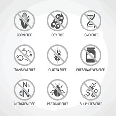 Collection of crossed out food ingredient symbols for allergen free labels and dietary needs vector