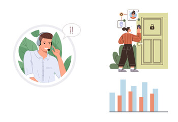 Customer service representative in headset, user accessing secure door with network interface, bar graph. Ideal for cybersecurity, remote work, customer support, access control, data analysis