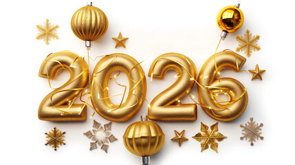 Golden "2026" numbers with new year festive decorations, isolated on white background.