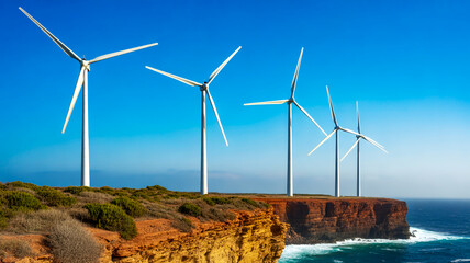 Daytime photo, four white wind turbines, rugged coastal cliff, clear sky