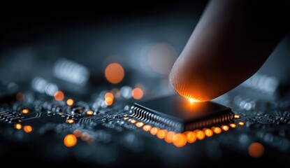Fingertip touches glowing chip on circuit board (1)