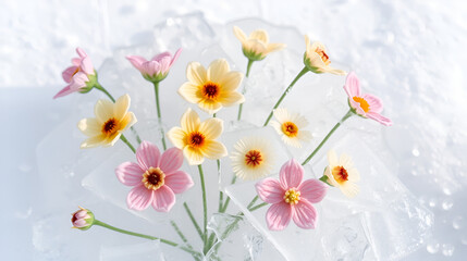 Frozen edible flowers in ice